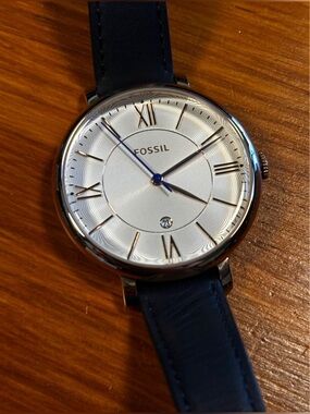 Fossil women’s rose gold Dial Watch with Navy Leather Strap